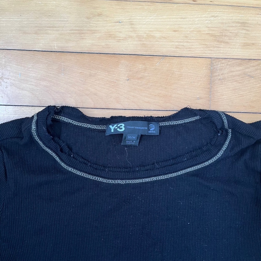 Y-3 Yohji Yamamoto Adidas Black Ribbed Long Sleeve Top Raw Edge Medium - Picture 2 of 13